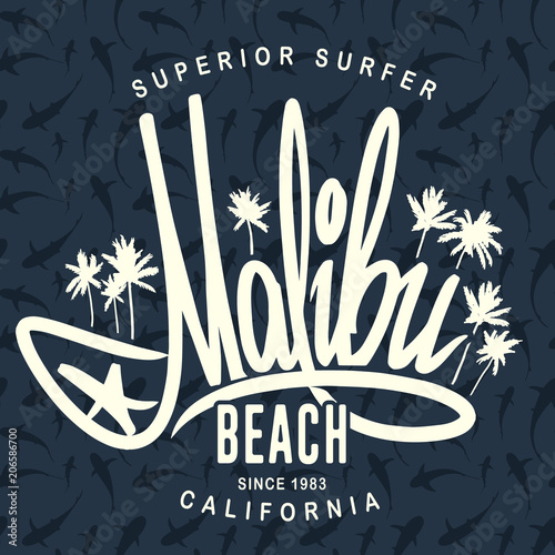 Malibu surf typography, vector t-shirt print design