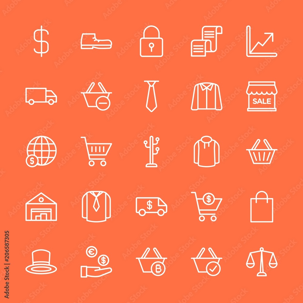 Modern Simple Set of clothes, money, shopping Vector outline Icons. Contains such Icons as  transport,  sign,  cart,  footwear,  retro and more on orange background. Fully Editable. Pixel Perfect.