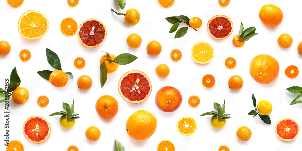 Food texture. Seamless pattern of fresh fruit tangerines and orange isolated on white background, top view, flat lay. Food texture. Seamless pattern of fresh fruit tangerines and orange isolated on white background, top view, flat lay.