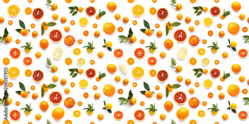 Food texture. Seamless pattern of fresh fruit tangerines and orange isolated on white background, top view, flat lay.