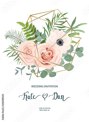 Floral frame with anemone, rose and eucalyptus. For wedding, Valentine's day,...