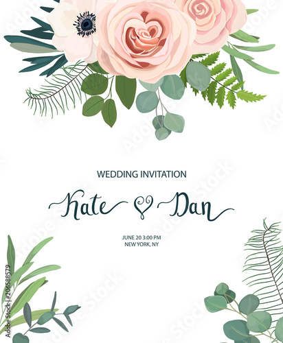 Floral frame with anemone, rose and eucalyptus. For wedding, Valentine's day, Birthday. Vector illustration. Watercolor style