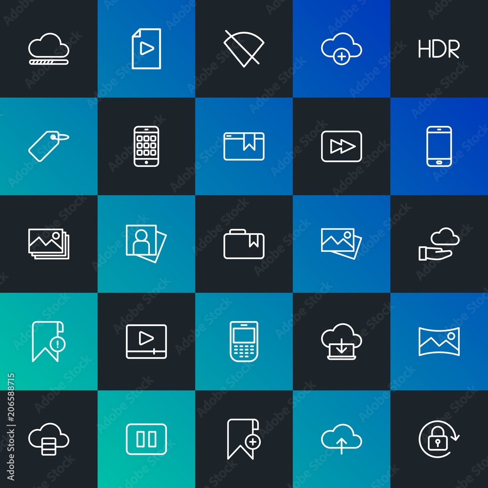 Modern Simple Set of cloud and networking, mobile, video, photos, bookmarks Vector outline Icons. Contains such Icons as and more on dark and gradient background. Fully Editable. Pixel Perfect. Modern Simple Set of cloud and networking, mobile, video, photos, bookmarks Vector outline Icons. Contains such Icons as and more on dark and gradient background. Fully Editable. Pixel Perfect.