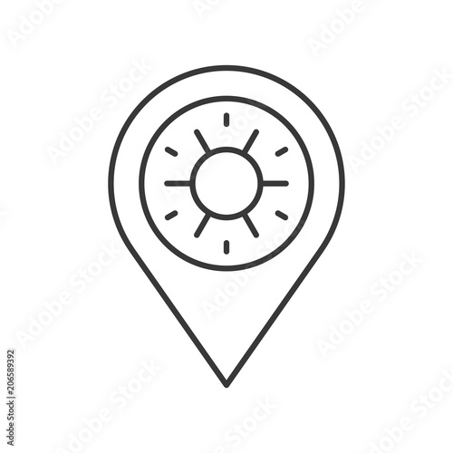 Pin and sun symbol, viewpoint of sun rise and sunset outline icon