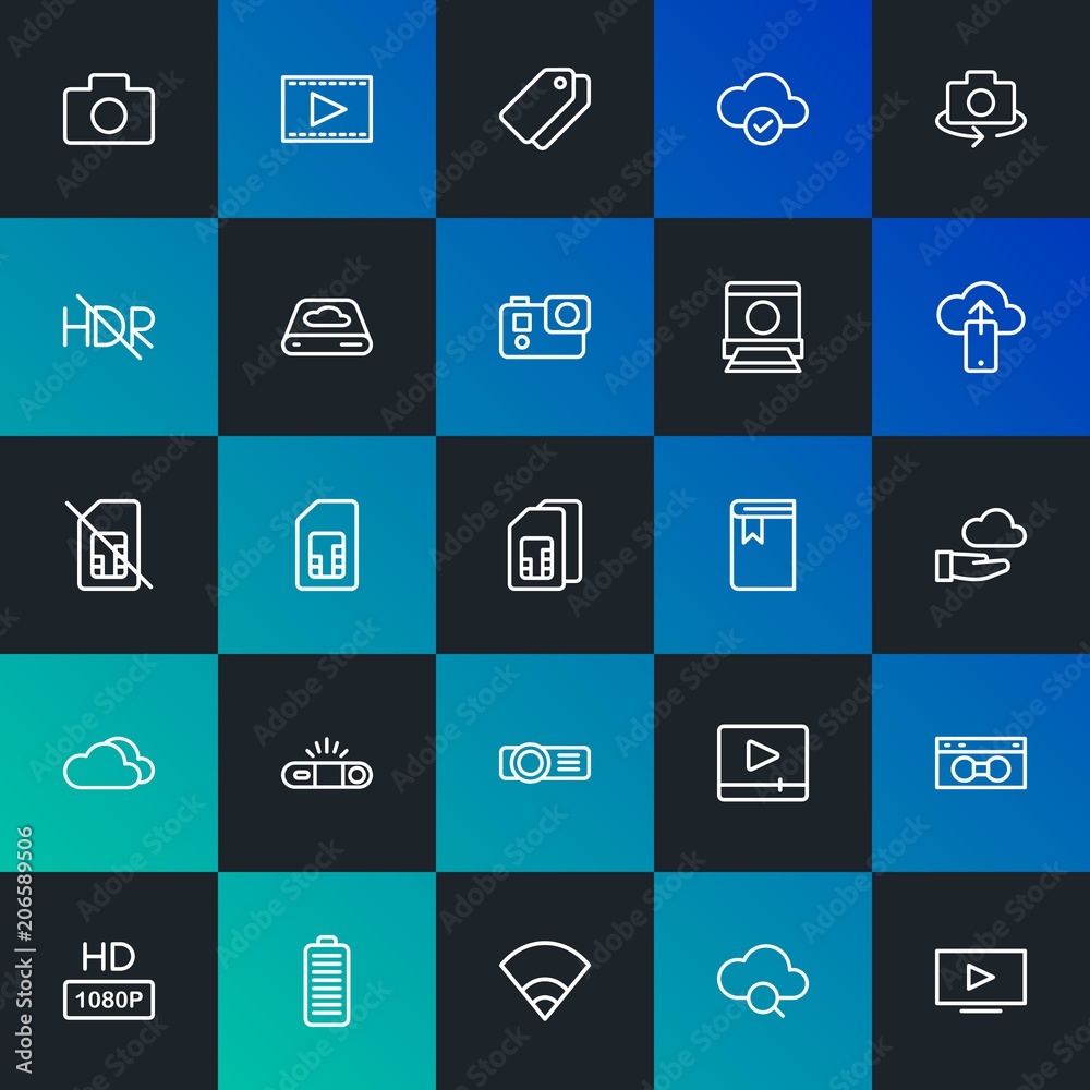 Modern Simple Set of cloud and networking, mobile, video, photos, bookmarks Vector outline Icons. Contains such Icons as  and more on dark and gradient background. Fully Editable. Pixel Perfect.