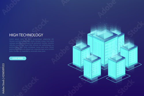 Big data, concept of data processing. Data center, cloud database, hosting.