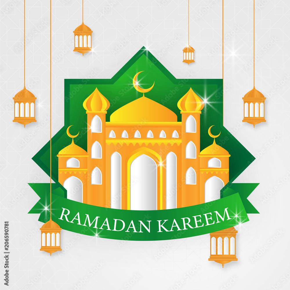 ramadhan kareem poster  template with lantern and mosque