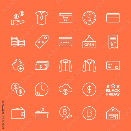Modern Simple Set of clothes, money, shopping Vector outline Icons. Contains such Icons as card, currency,  growth,  storehouse,  usd and more on orange background. Fully Editable. Pixel Perfect.