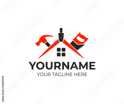 Roof of house from geometry compass, saw and hammer, logo template. Construction tools and house repair, vector design. Real estate, building and construction, illustration