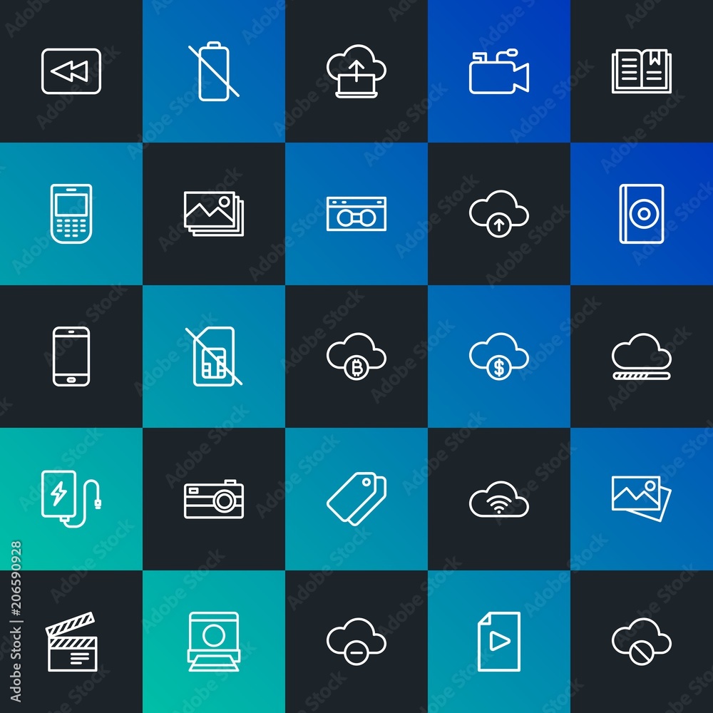 Modern Simple Set of cloud and networking, mobile, video, photos, bookmarks Vector outline Icons. Contains such Icons as and more on dark and gradient background. Fully Editable. Pixel Perfect. Modern Simple Set of cloud and networking, mobile, video, photos, bookmarks Vector outline Icons. Contains such Icons as and more on dark and gradient background. Fully Editable. Pixel Perfect.