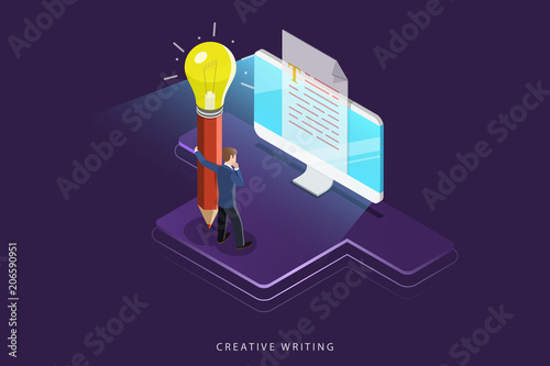 Flat isometric vector concept of creative writing, copywriting, content creating.