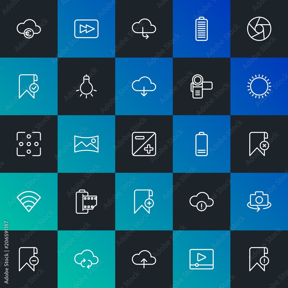 Modern Simple Set of cloud and networking, mobile, video, photos, bookmarks Vector outline Icons. Contains such Icons as and more on dark and gradient background. Fully Editable. Pixel Perfect. Modern Simple Set of cloud and networking, mobile, video, photos, bookmarks Vector outline Icons. Contains such Icons as and more on dark and gradient background. Fully Editable. Pixel Perfect.