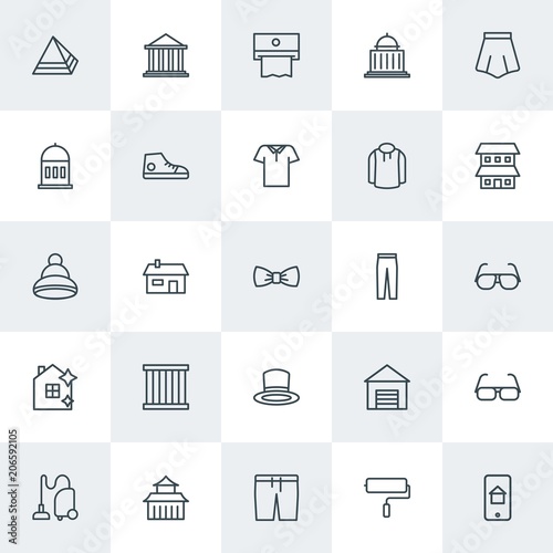 Modern Simple Set of clothes, buildings, housekeeping Vector outline Icons. Contains such Icons as cleaner, napkin, justice, landscape and more on white background. Fully Editable. Pixel Perfect.