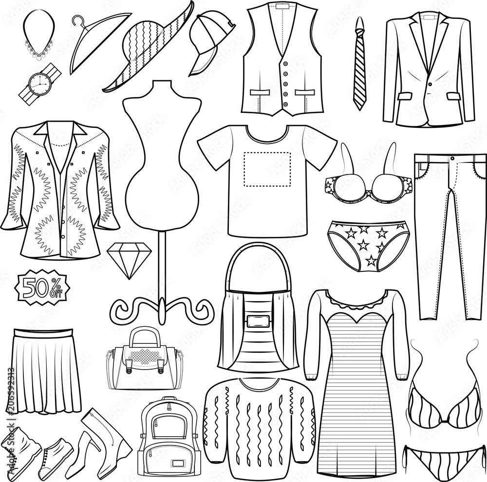icons fashion set men and women clothing suit bag underwear shoes
