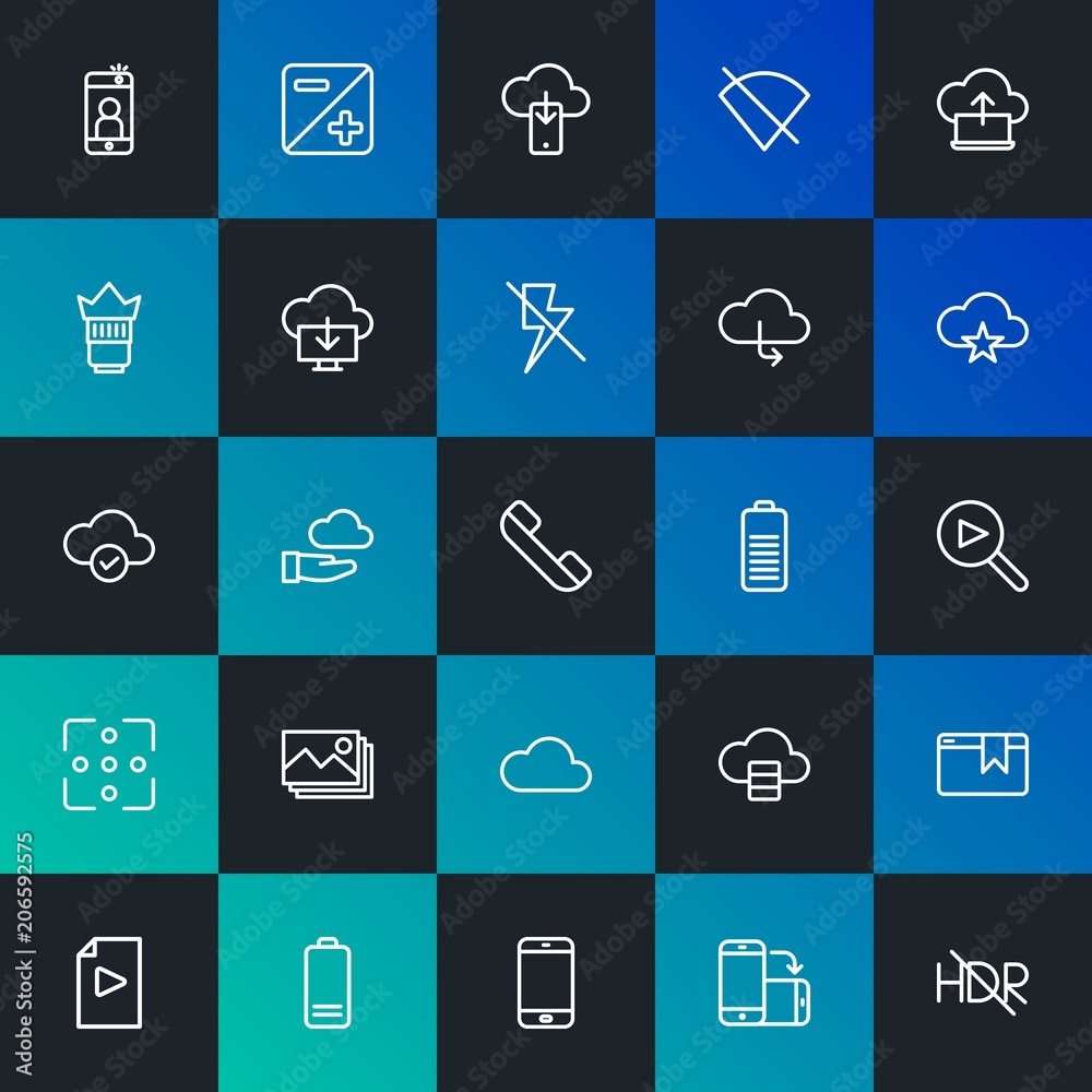 Modern Simple Set of cloud and networking, mobile, video, photos, bookmarks Vector outline Icons. Contains such Icons as  and more on dark and gradient background. Fully Editable. Pixel Perfect.