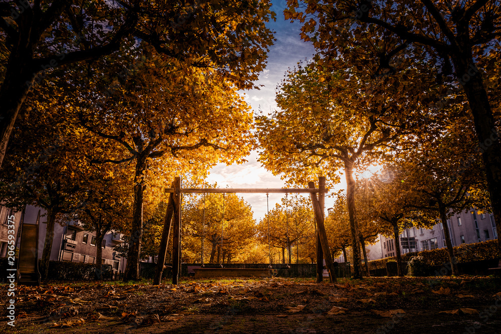 Schaukel auf Spielplatz in Morgensonne