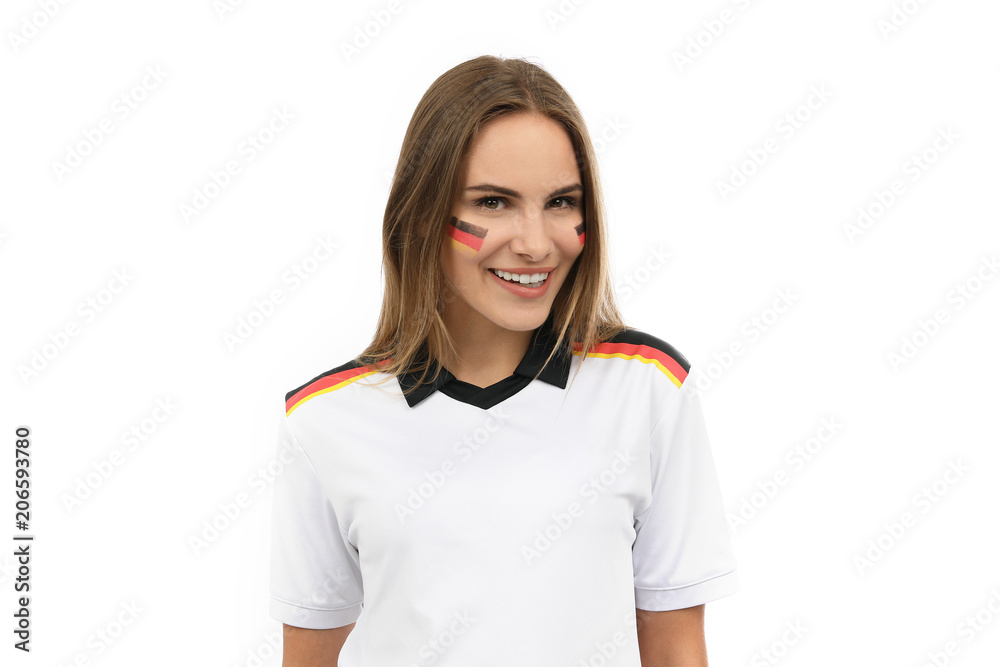 Hübsche blondes Mädchen mit Deutschland Trikot und MakeUp lacht Hübsche blondes Mädchen mit Deutschland Trikot und MakeUp lacht