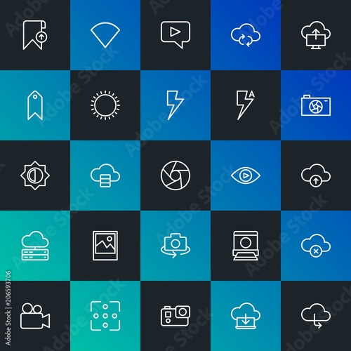 Modern Simple Set of cloud and networking, mobile, video, photos, bookmarks Vector outline Icons. Contains such Icons as  and more on dark and gradient background. Fully Editable. Pixel Perfect.