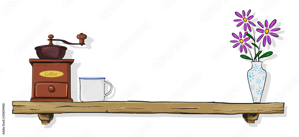 Cartoon illustration of kitchen shelf with coffee grinder, mug and flowers ina vase Cartoon illustration of kitchen shelf with coffee grinder, mug and flowers ina vase