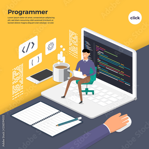 Flat design concept programmer coding program. Vector illustrate.