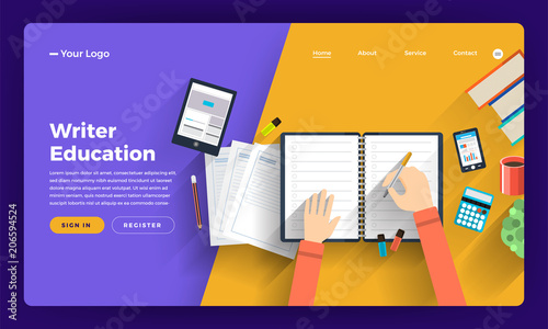 Mock-up design website flat design concept online course about thining and creative writer. Vector illustration.