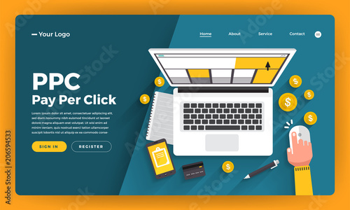 Mock-up design website flat design concept PPC pay per click. Vector illustration. photo