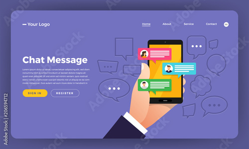 Mock-up design website flat design concept hands hold mobile chat message buble.  Vector illustration.