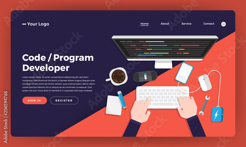 Mock-up design website flat design concept coding and programming developer.  Vector illustration.