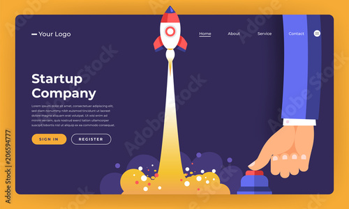 Mock-up design website flat design concept stratup rocket rise with hand push button.  Vector illustration.