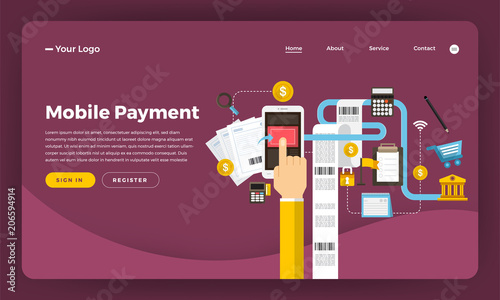 Mock-up design website flat design concept digital marketing. Mobile Payment.  Vector illustration.