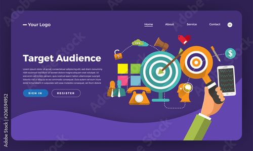 Mock-up design website flat design concept digital marketing. Target Audience.  Vector illustration.