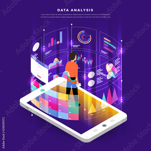 Mock-up design website flat design concept digital marketing data analysis with graph chart. Vector illustration.