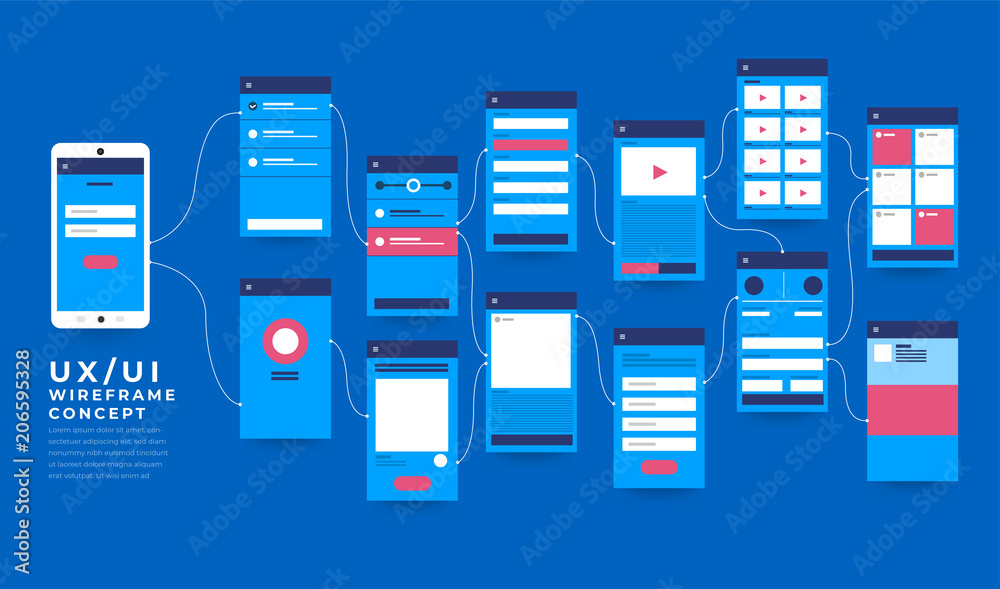 UX UI Flowchart. Mock-ups  mobile application concept flat design. Vector illustration