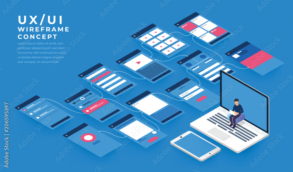 UX UI Flowchart. Mock-ups mobile application concept isometric flat ...
