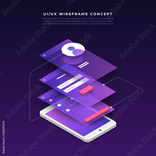 UX UI Flowchart. Mock-ups  mobile application concept isometric flat design. Vector illustration.