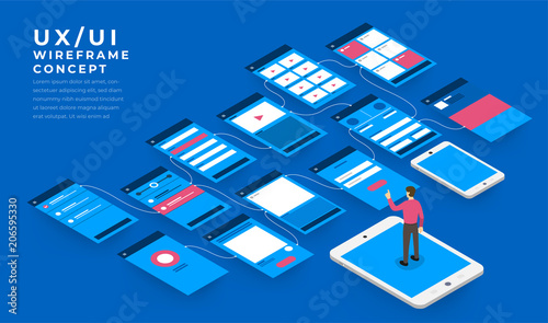 UX UI Flowchart. Mock-ups  mobile application concept isometric flat design. Vector illustration.