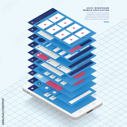 UX UI Flowchart. Mock-ups  mobile application concept isometric flat design. Vector illustration.