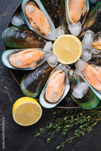 Close-up of fresh uncooked green mussels with ice cubes, lemon and thyme, vertical shot, above view