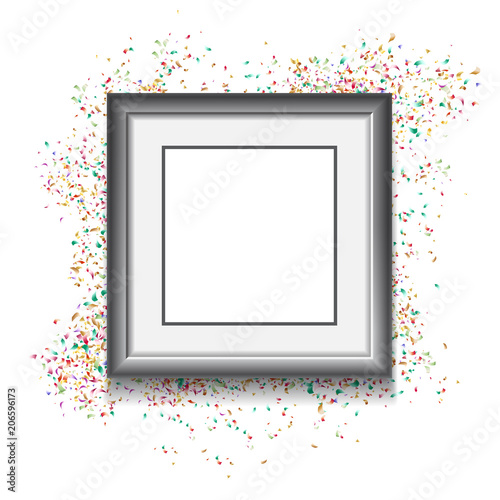 Frame on white background with colorfull confetti. Vector illust