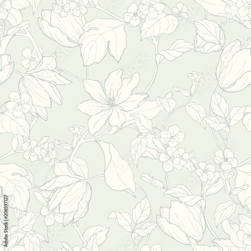 Seamless pattern with flowers magnolia and tulips