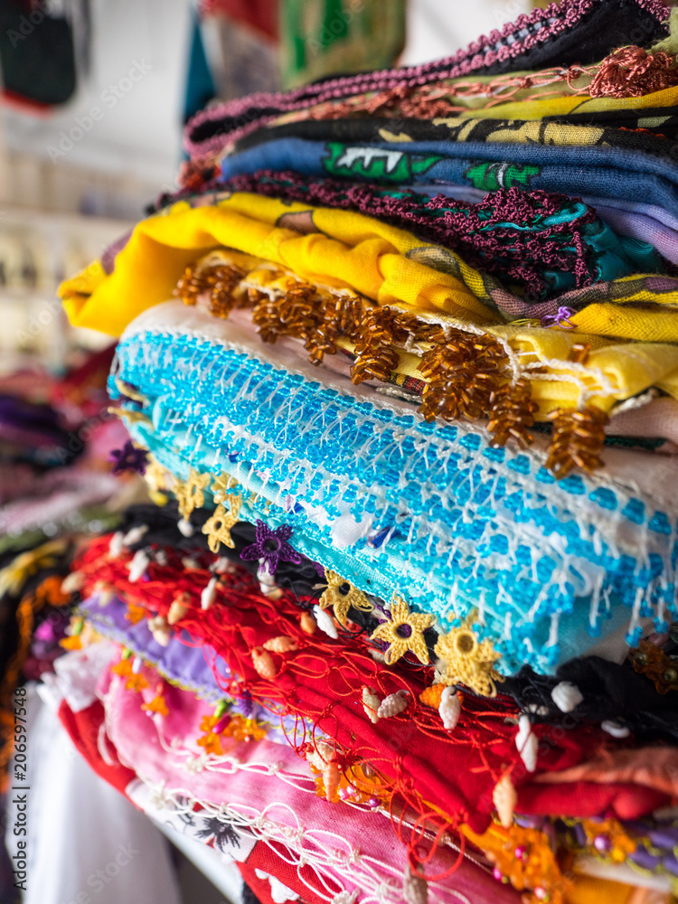 Colorful scarves in street bazaars around anatolian cities in Turkey.