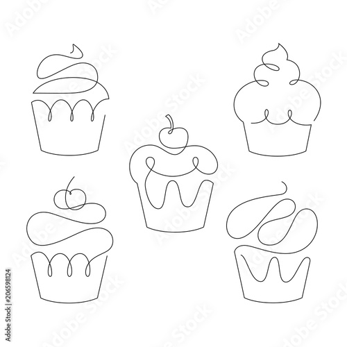 Set of cupcakes in trendy one line style. Vector.