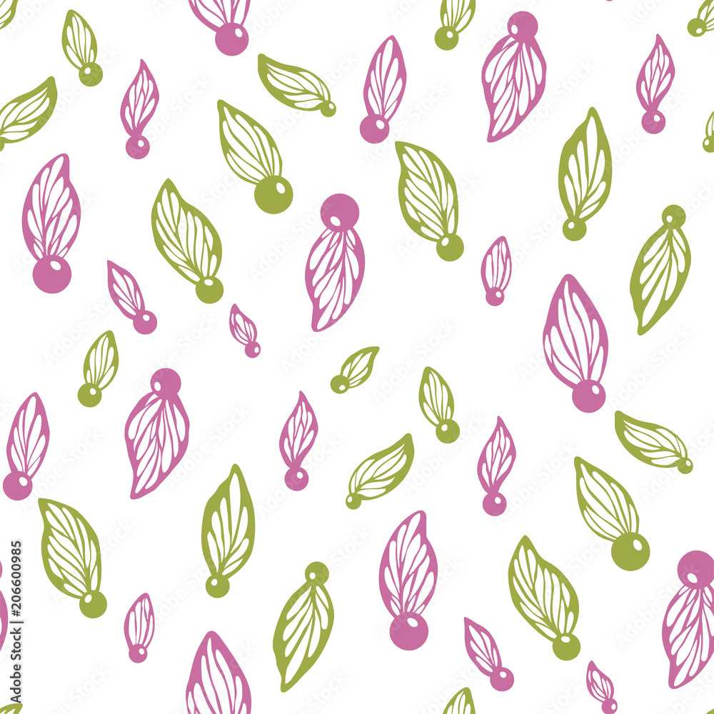 Abstract floral semaless pattern with petals, leaves and beads