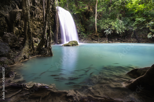 Landscape photo. Waterfall beautiful in southeast asia. Erawan waterfall kanchanaburi Thailand