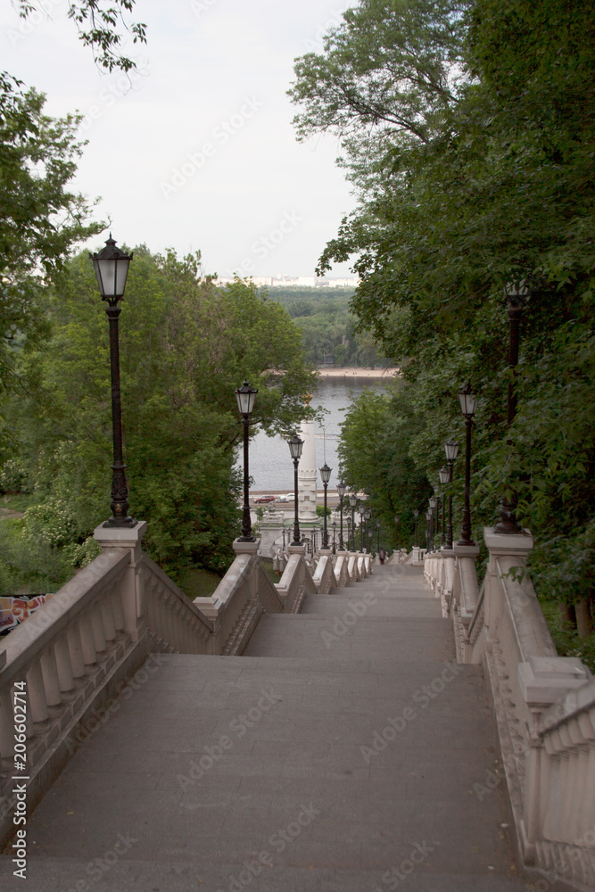 Stairs to the monument of Magdeburg Law in Kiev with Dnieper river on the backside Stairs to the monument of Magdeburg Law in Kiev with Dnieper river on the backside
