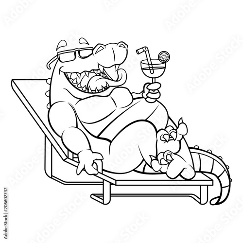 Alligator relax on lounge chair and enjoy drink at beach coloring book cartoon vector