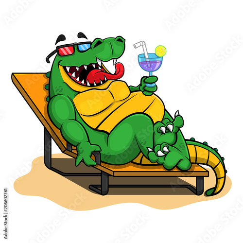 Alligator sit on lounge chairs and enjoy a drink Cartoon Vector