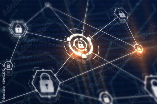 Access control and cyber security concept. Padlocks and locks on virtual digital screen. Data and information protection protocol. Secure connection.