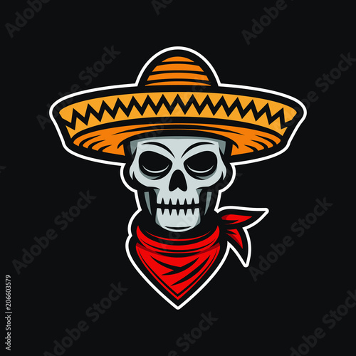 Mexican skull in sombrero. Bandit, thief, burglar