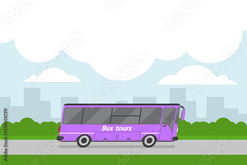 Vector background with bus on city backdrop.